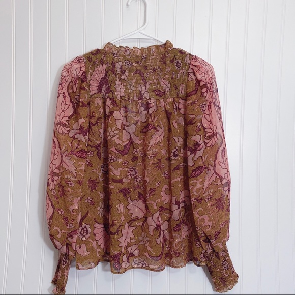 O.P.T. One Pretty Thing x Anthropologie Floral Smocked Balloon Sleeves Top NWT - Picture 7 of 8
